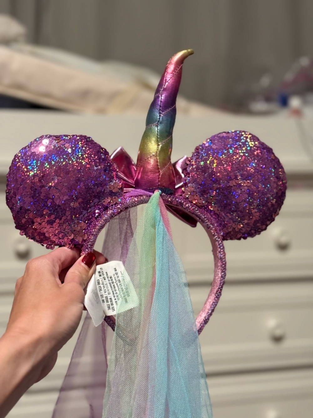 Disney Parks Unicorn Minnie Ears Rainbow Veil Sequin Headband Purple - Picture 5 of 6